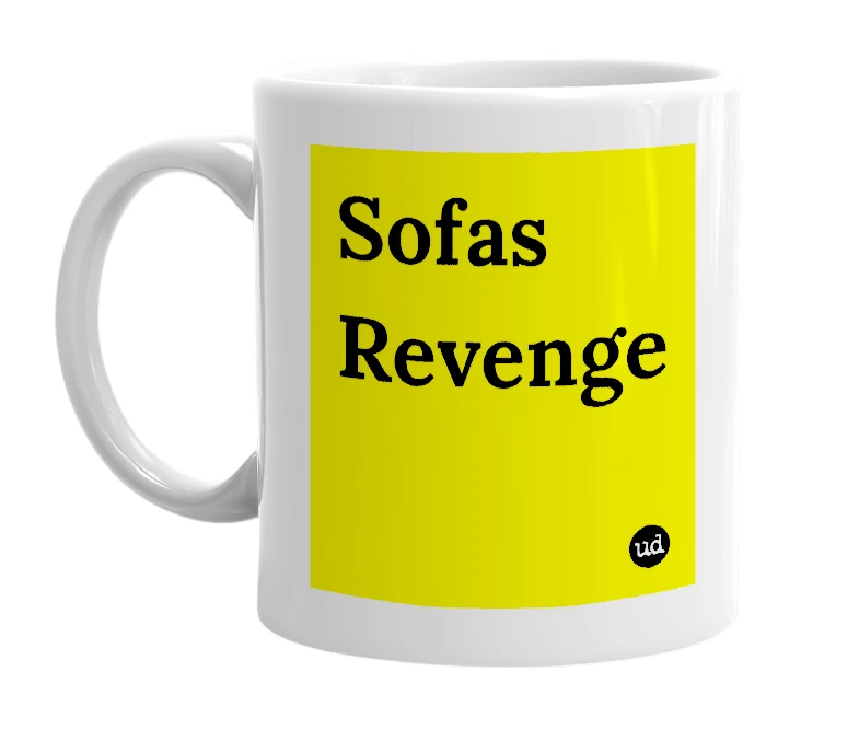 White mug with 'Sofas Revenge' in bold black letters