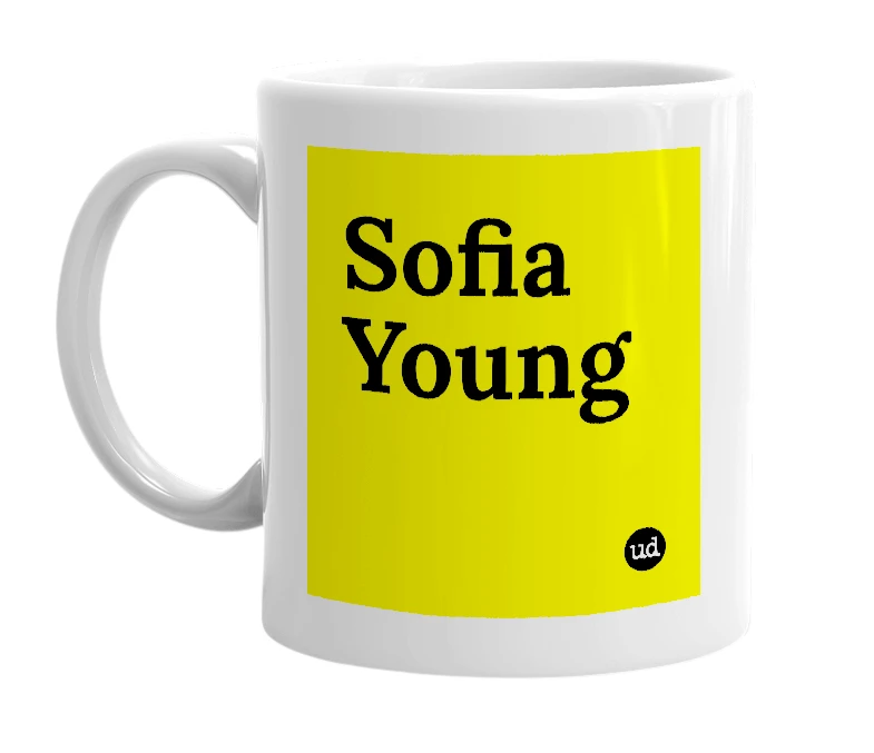 White mug with 'Sofia Young' in bold black letters