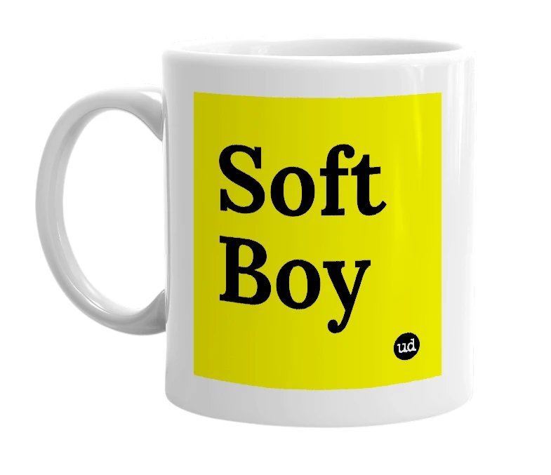 White mug with 'Soft Boy' in bold black letters