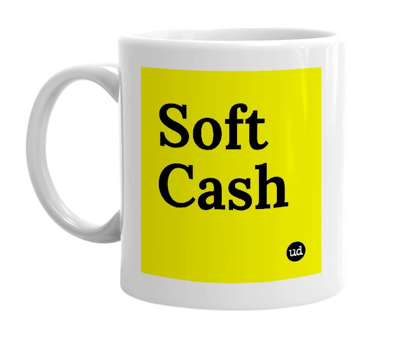 White mug with 'Soft Cash' in bold black letters