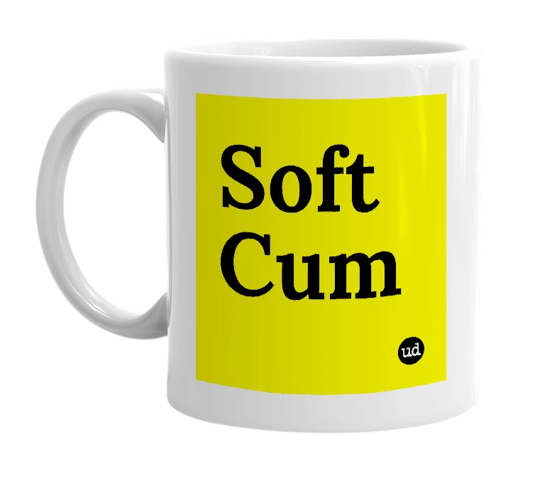 White mug with 'Soft Cum' in bold black letters