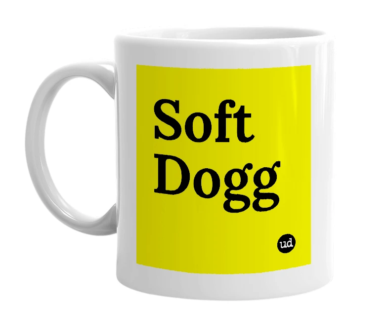 White mug with 'Soft Dogg' in bold black letters
