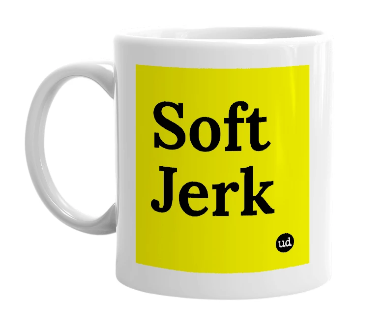 White mug with 'Soft Jerk' in bold black letters