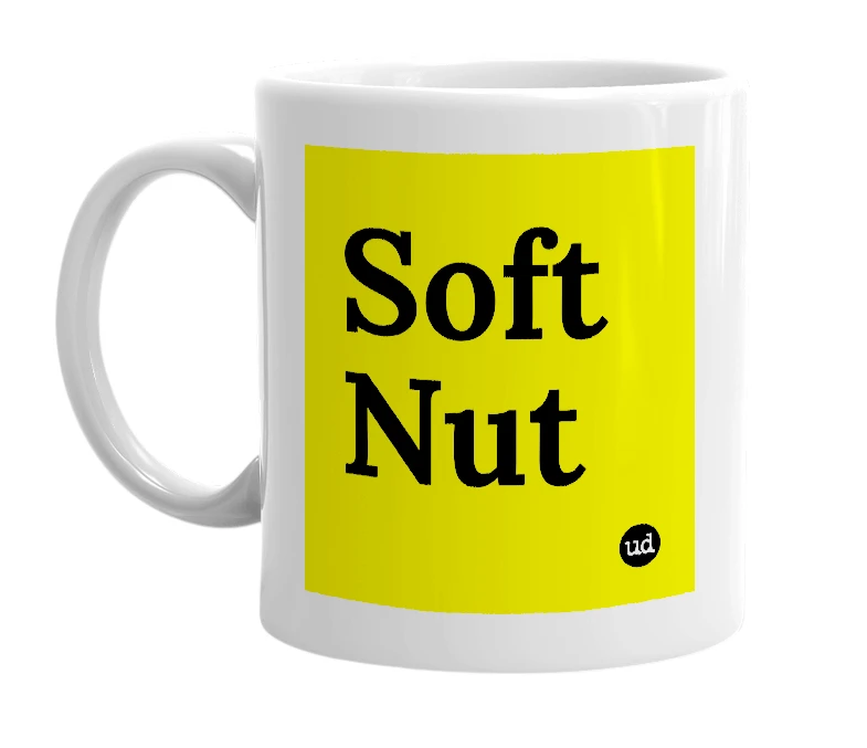 White mug with 'Soft Nut' in bold black letters