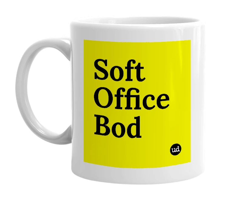 White mug with 'Soft Office Bod' in bold black letters