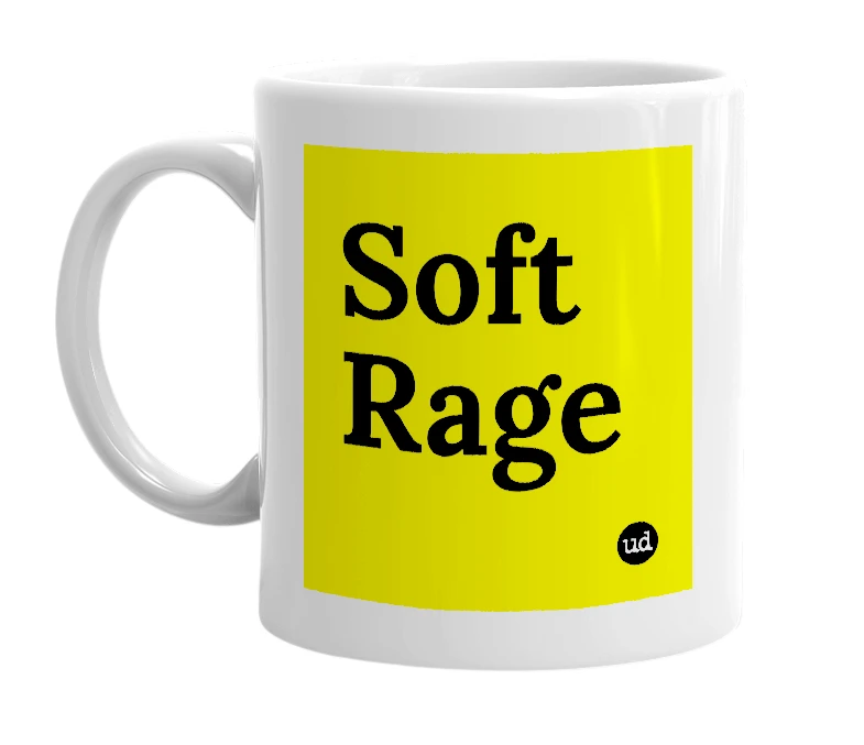 White mug with 'Soft Rage' in bold black letters