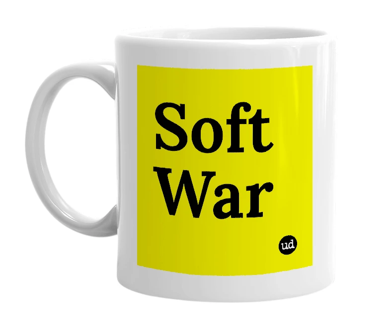 White mug with 'Soft War' in bold black letters