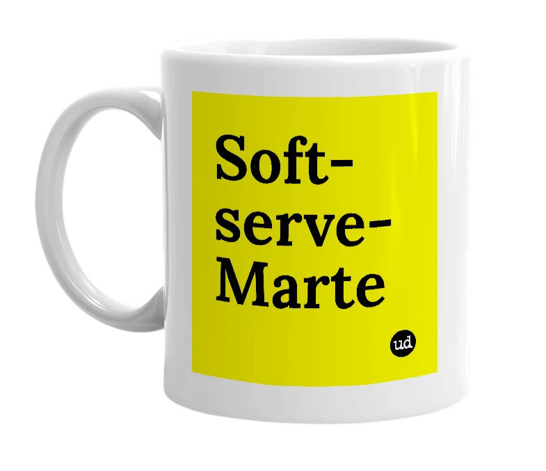 White mug with 'Soft-serve-Marte' in bold black letters