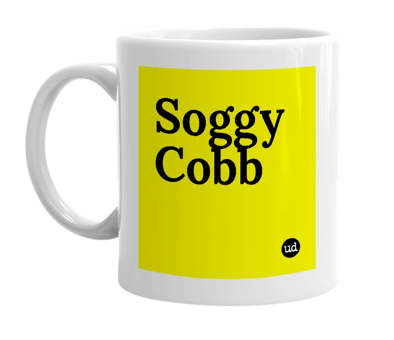 White mug with 'Soggy Cobb' in bold black letters