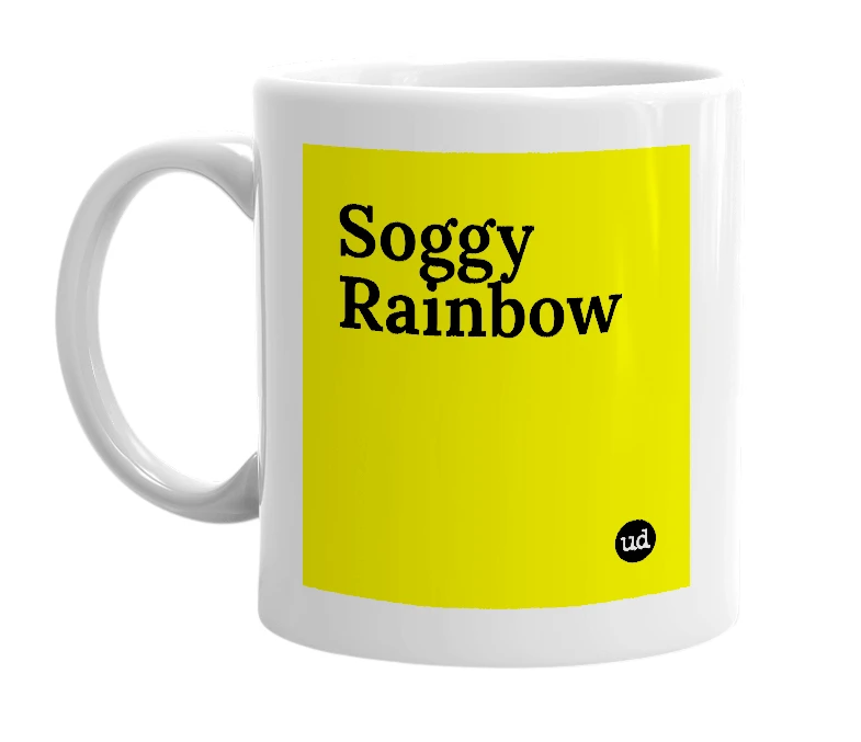 White mug with 'Soggy Rainbow' in bold black letters