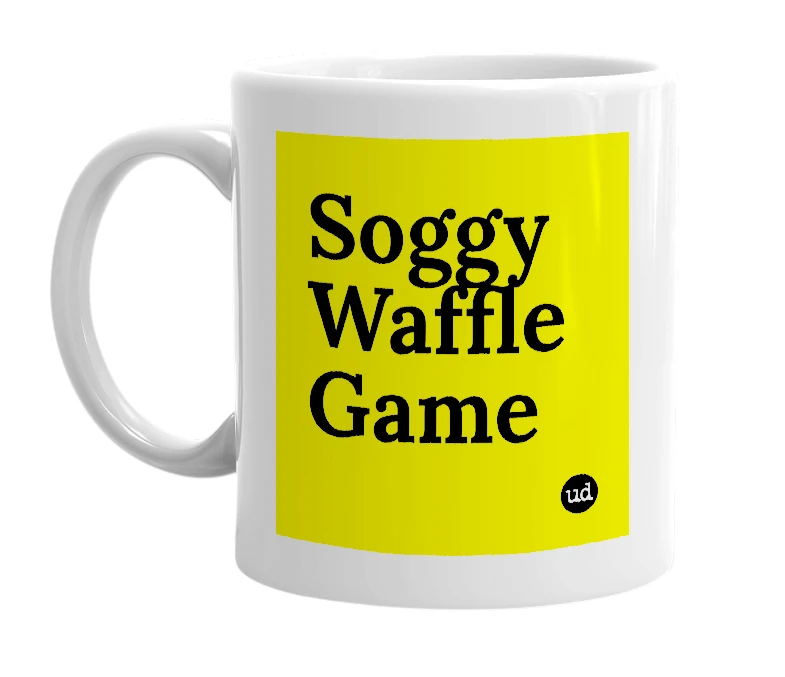 White mug with 'Soggy Waffle Game' in bold black letters
