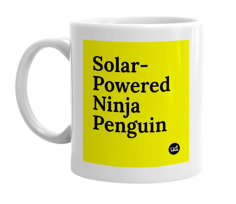 White mug with 'Solar-Powered Ninja Penguin' in bold black letters
