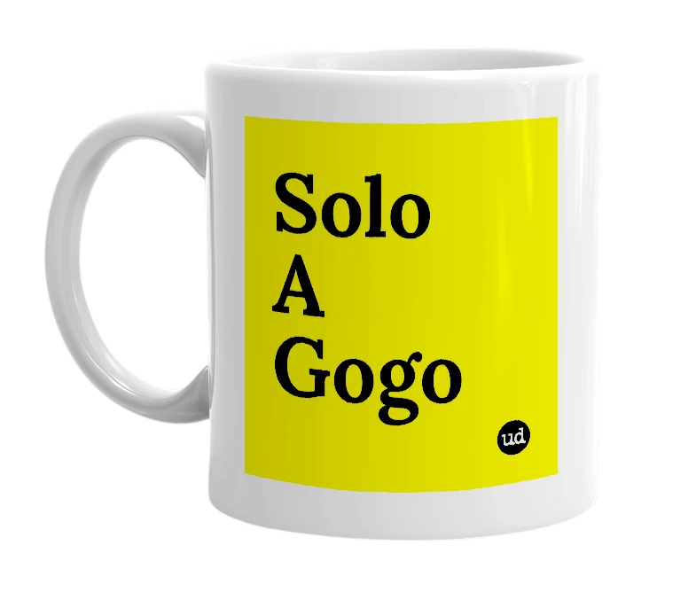 White mug with 'Solo A Gogo' in bold black letters