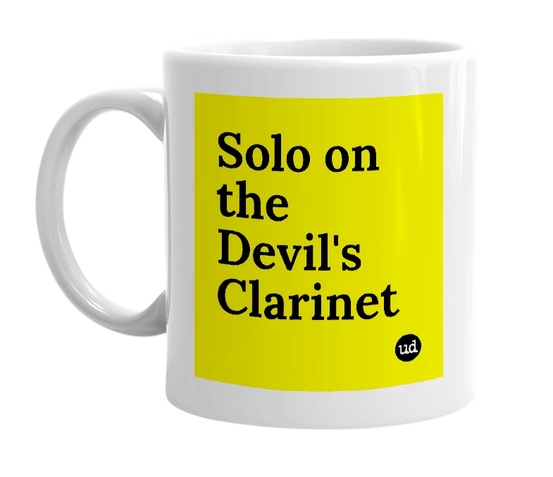 White mug with 'Solo on the Devil's Clarinet' in bold black letters