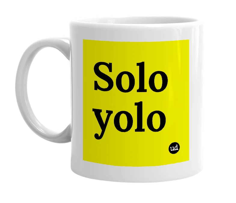 White mug with 'Solo yolo' in bold black letters