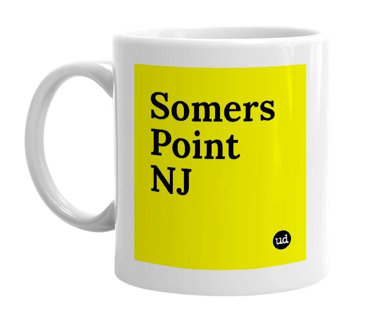 White mug with 'Somers Point NJ' in bold black letters