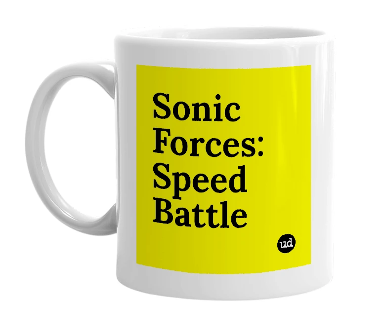 White mug with 'Sonic Forces: Speed Battle' in bold black letters