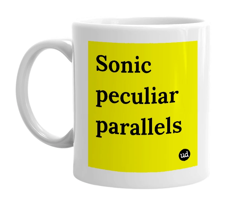 White mug with 'Sonic peculiar parallels' in bold black letters