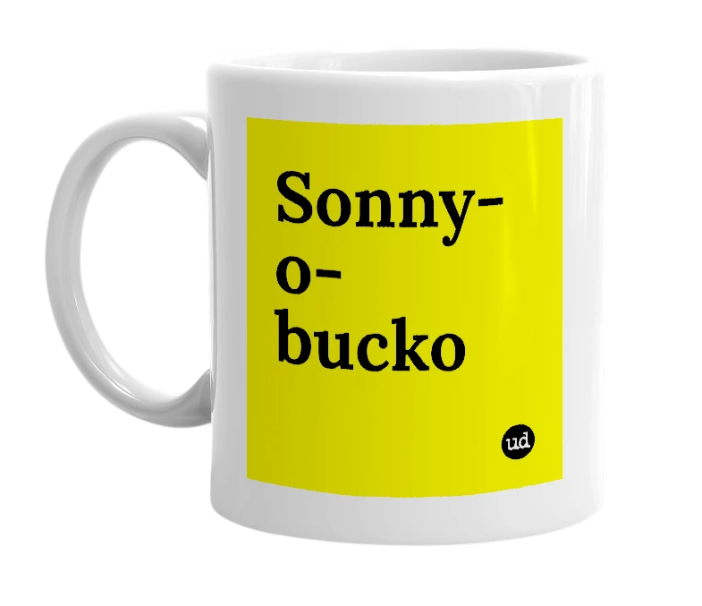 White mug with 'Sonny-o-bucko' in bold black letters