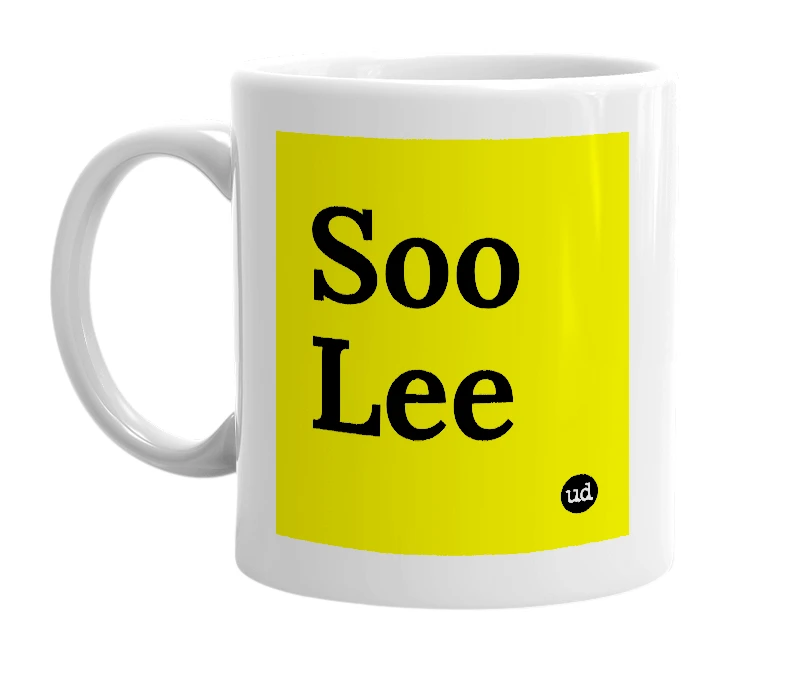 White mug with 'Soo Lee' in bold black letters