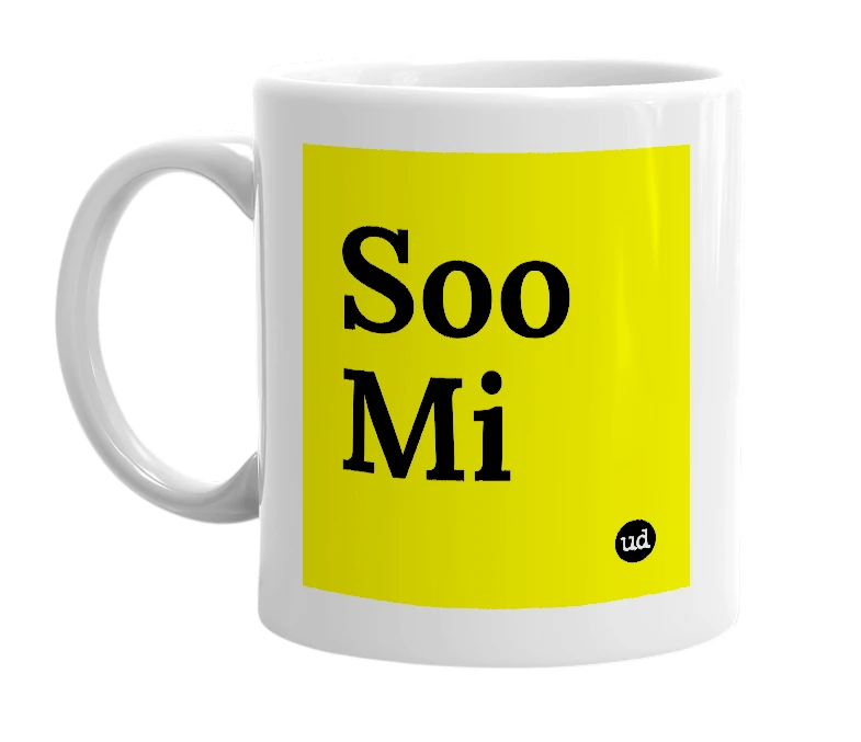 White mug with 'Soo Mi' in bold black letters