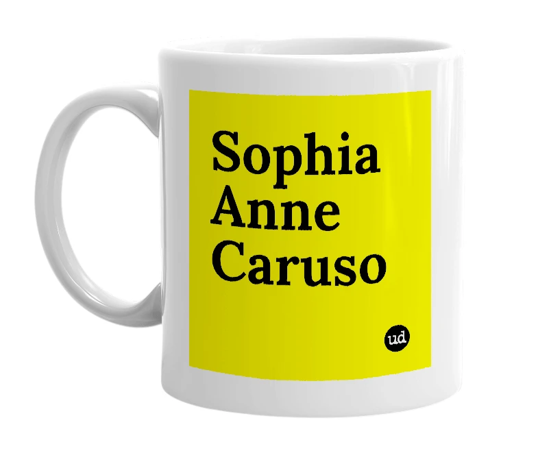 White mug with 'Sophia Anne Caruso' in bold black letters