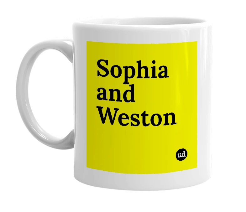 White mug with 'Sophia and Weston' in bold black letters