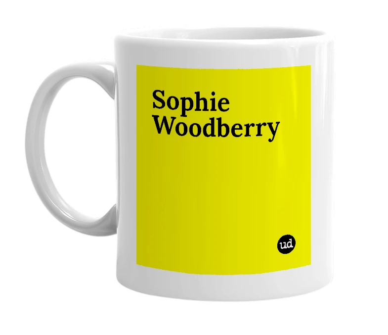 White mug with 'Sophie Woodberry' in bold black letters