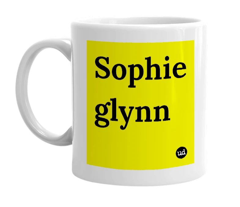 White mug with 'Sophie glynn' in bold black letters