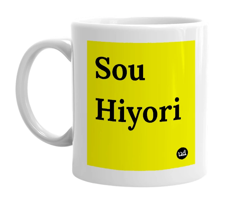 White mug with 'Sou Hiyori' in bold black letters