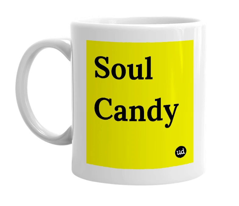 White mug with 'Soul Candy' in bold black letters