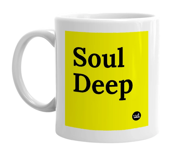 White mug with 'Soul Deep' in bold black letters