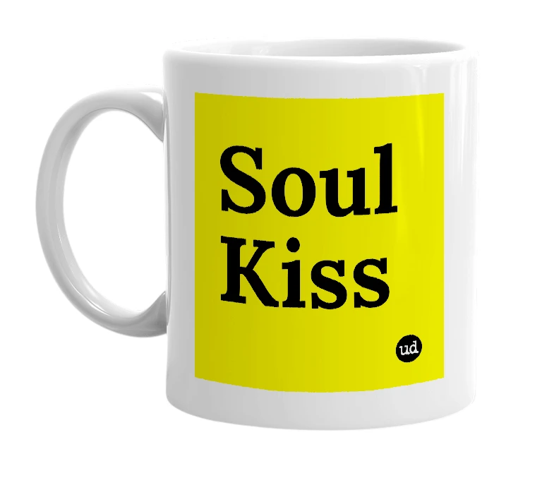 White mug with 'Soul Kiss' in bold black letters