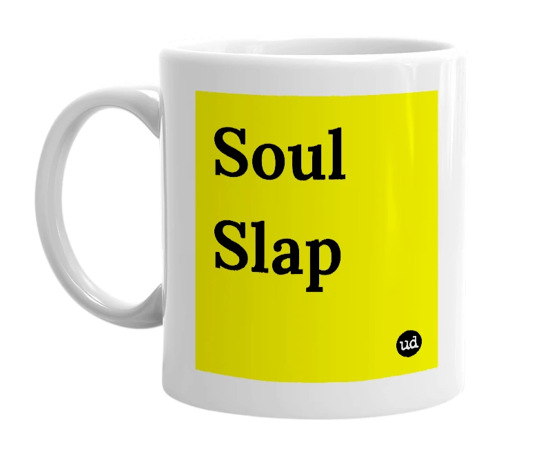 White mug with 'Soul Slap' in bold black letters