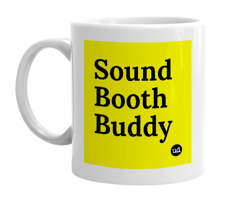 White mug with 'Sound Booth Buddy' in bold black letters