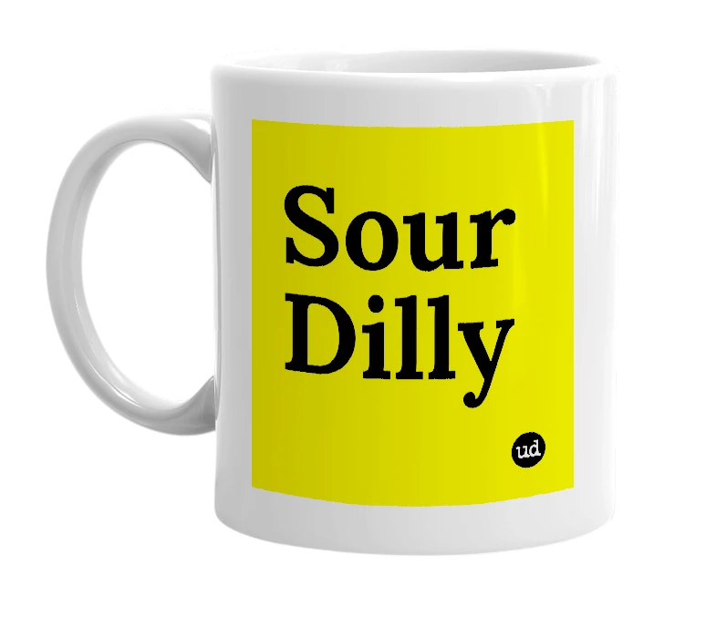 White mug with 'Sour Dilly' in bold black letters