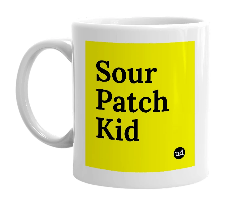 White mug with 'Sour Patch Kid' in bold black letters