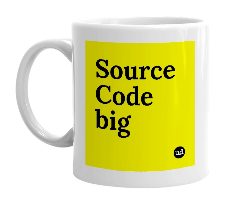 White mug with 'Source Code big' in bold black letters