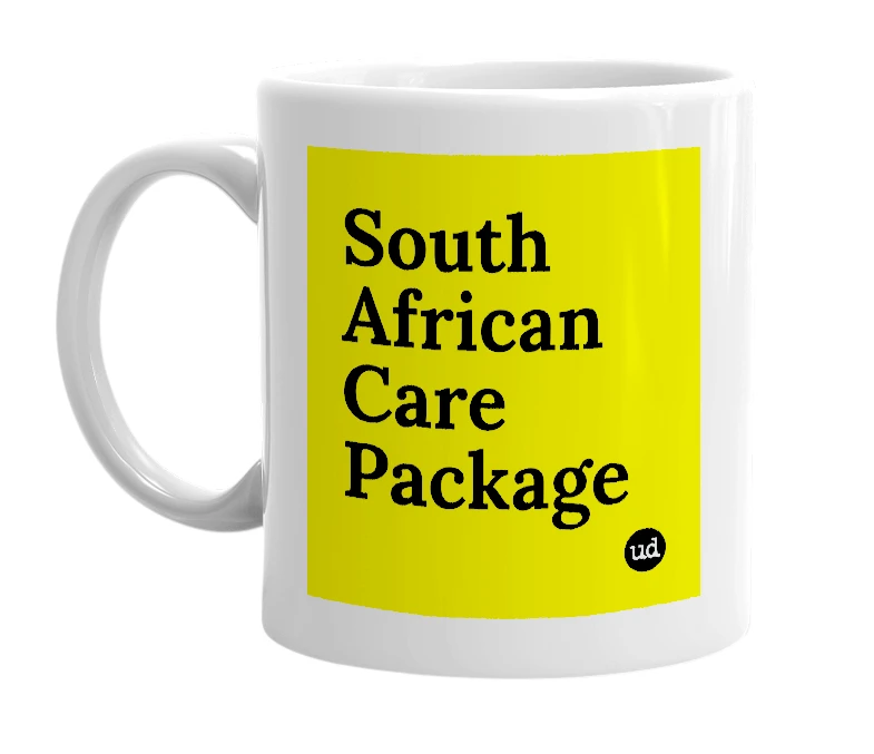 White mug with 'South African Care Package' in bold black letters