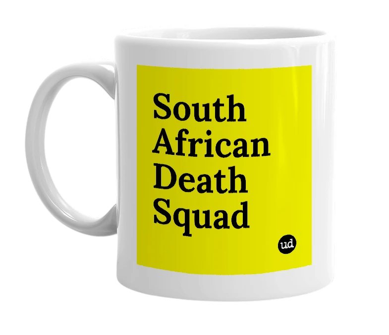 White mug with 'South African Death Squad' in bold black letters