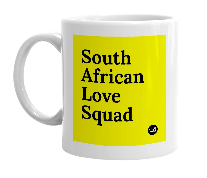 White mug with 'South African Love Squad' in bold black letters