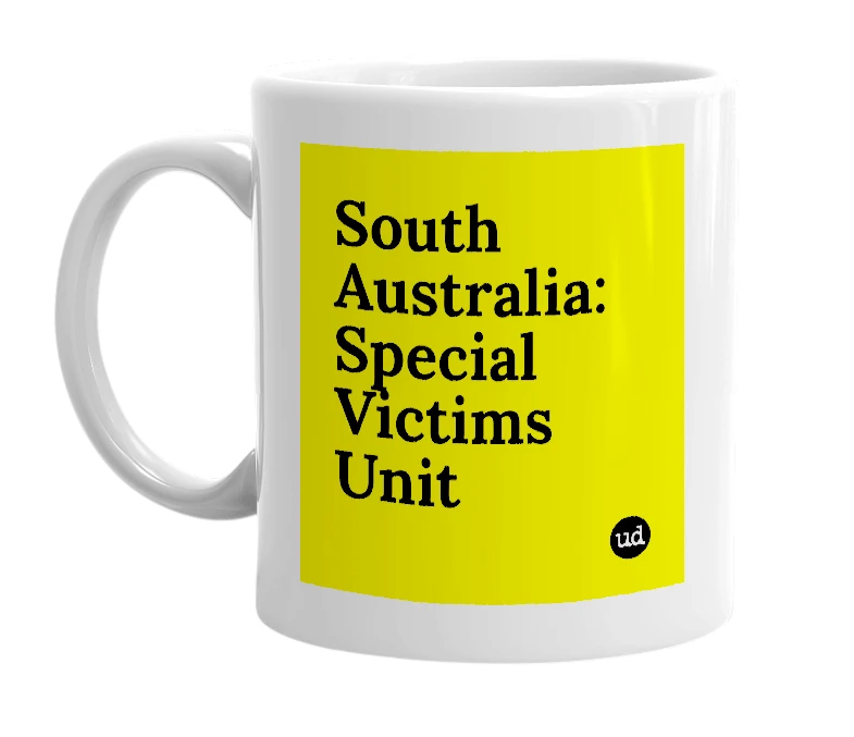 White mug with 'South Australia: Special Victims Unit' in bold black letters