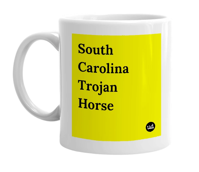 White mug with 'South Carolina Trojan Horse' in bold black letters