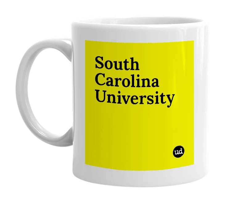 White mug with 'South Carolina University' in bold black letters