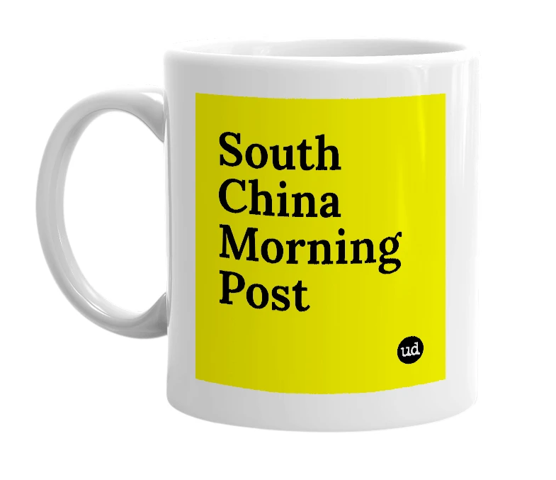 White mug with 'South China Morning Post' in bold black letters