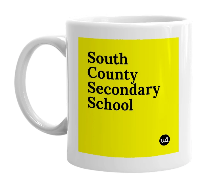 White mug with 'South County Secondary School' in bold black letters