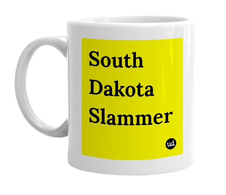 White mug with 'South Dakota Slammer' in bold black letters