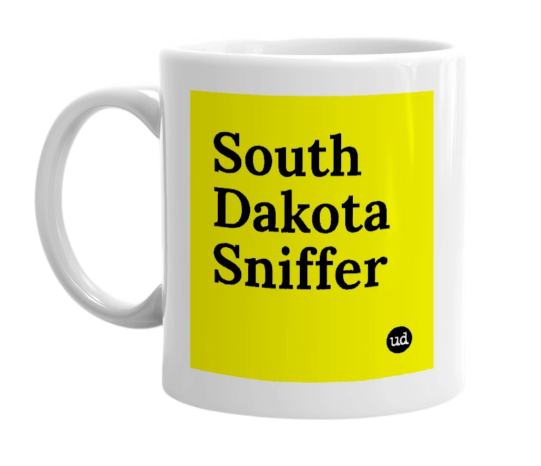 White mug with 'South Dakota Sniffer' in bold black letters