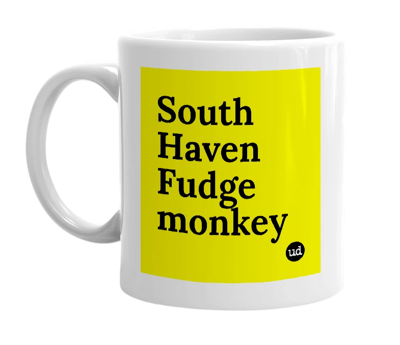 White mug with 'South Haven Fudge monkey' in bold black letters