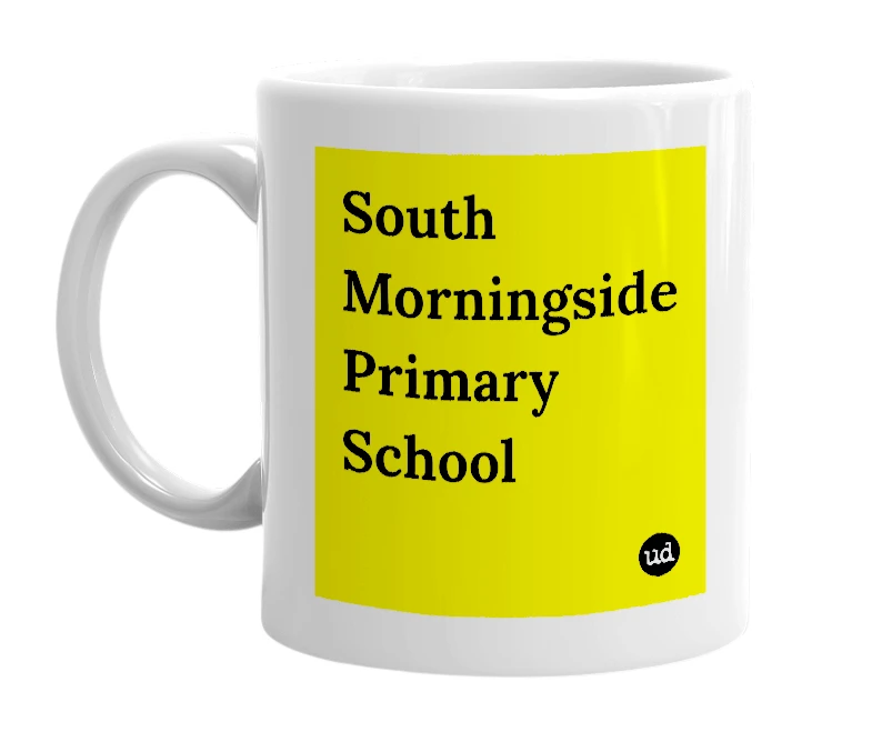 White mug with 'South Morningside Primary School' in bold black letters